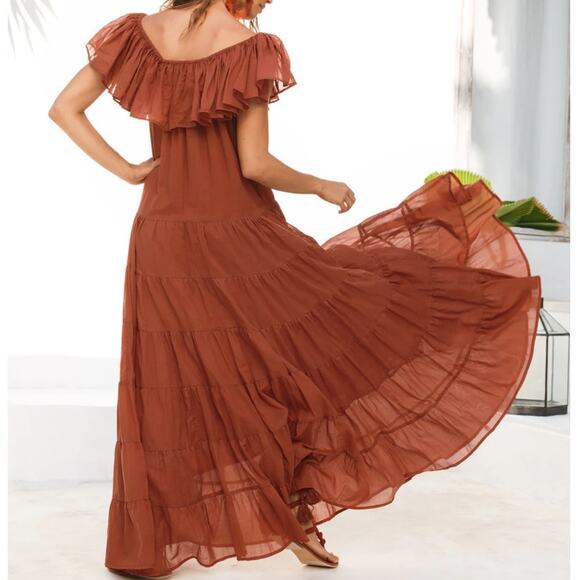 ERIKA PENA Rita Bohemian Maxi tiered ruffle off shoulder dress Sienna M / L NEW - Picture 4 of 7